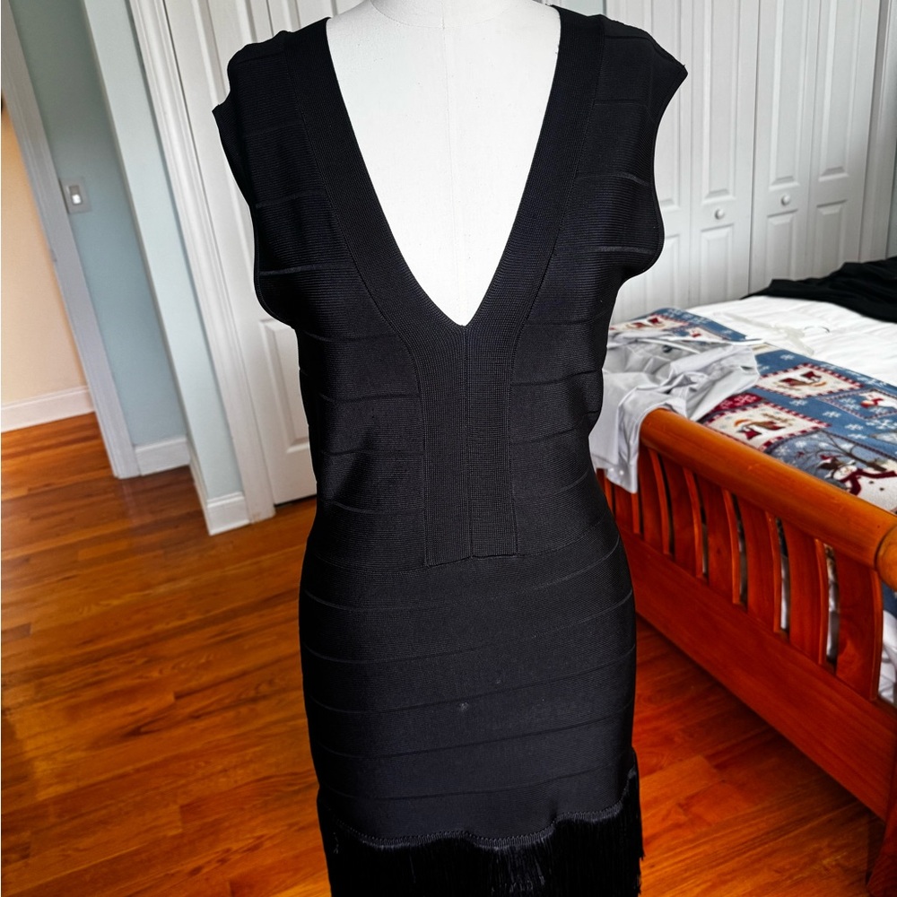 VENUS Black Ribbed Bodycon Dress Plunge Neckline